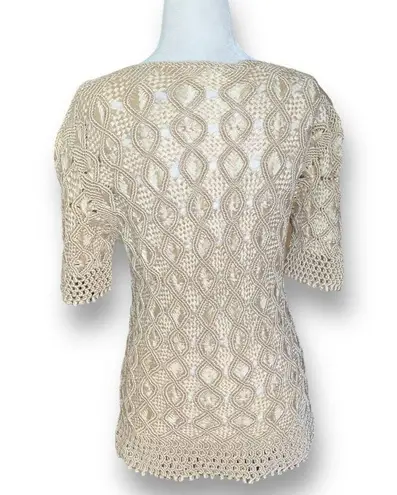 Vintage Inca Boutique Top Tan Open Weave Sheer Vneck Short Sleeve Art To Wear