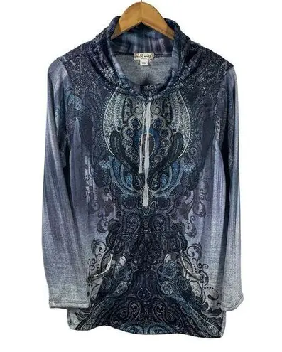 World Unity Pullover Sweater Women 2X Blue Gray Bling Mandala Kangaroo Pocket