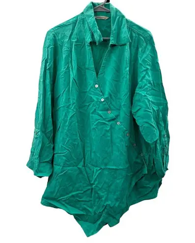 Soft Surroundings Washed Tencel Asymmetric Button Roll Tab Sleeve Tunic Top Sz L