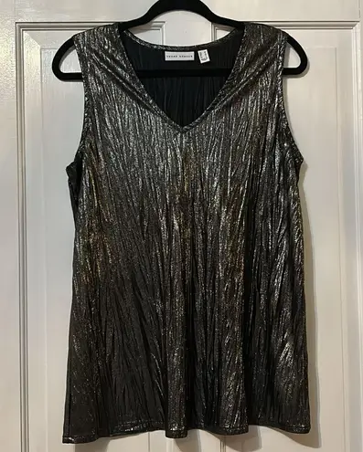 Susan Graver Black Metallic Crinkle V-neck Glittery Business Tank Top Size M