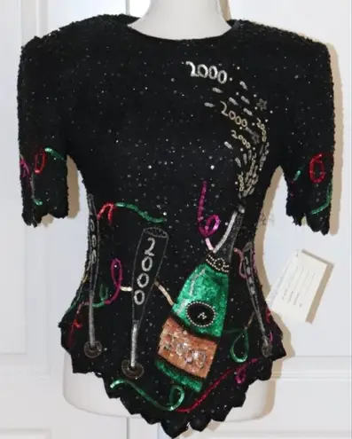 Laurence Kazar Y2K New Years Eve Beaded Sequin Top Silk Party Vintage Small