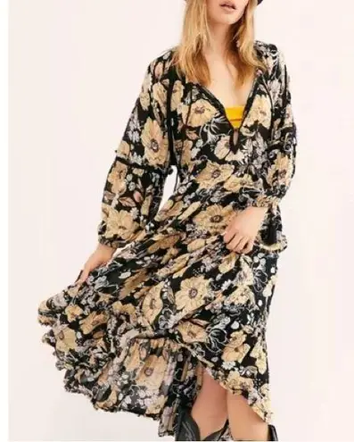 Free People  In The Moment Maxi Dress Floral Boho Bohemian Black Yellow Combo thumbnail 1
