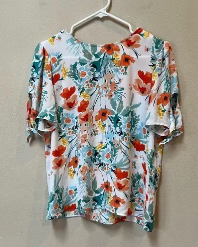 Counterparts 2/$12 Red Poppy Floral Tie Sleeve Spring Blouse Size Small