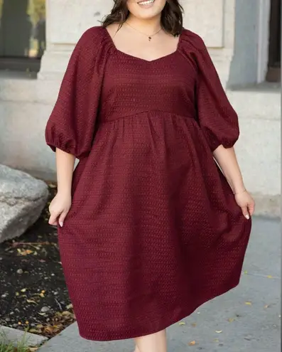 Lena & Lou Deep Red Woven Empire Waist Babydoll Midi Dress Puff Sleeves 1X New