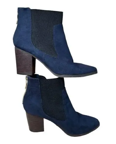 Fioni Navy Blue classic suede look back zipper ankle boots chunky heel booties Size 8.5