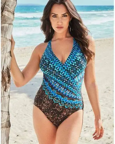 MiracleSuit Wrapsody One Piece Swimsuit Size 10 Brown Multi NEW Tummy Control