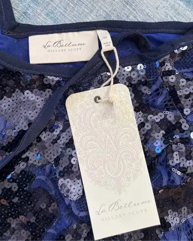 La Bellum Hilary Scott Indigo Sequin Lace Tie Neck Blouse 2x