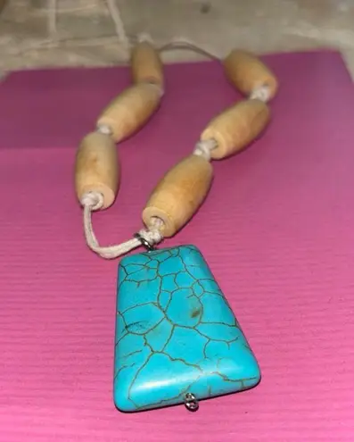 Turquoise Type Pendent Necklace Homemade Wooded Spools Corded Rope 14” Long Blue