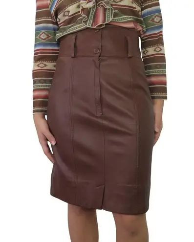 90s Vintage High Rise Chocolate Brown Leather Midi Skirt Waist 26" Size 4