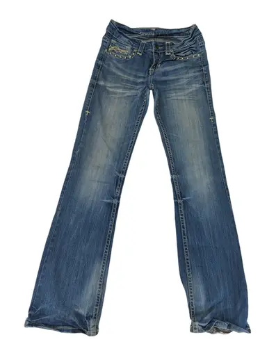 Cowgirl Tuff Bootcut Jeans 27 Tried True Bling Studs White Stitch Tall Stretch Blue - Image 1