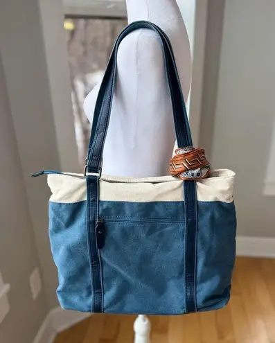 Vintage Navy Tan Striped Tote Bag w Anne Klein Scarf Tie Blue