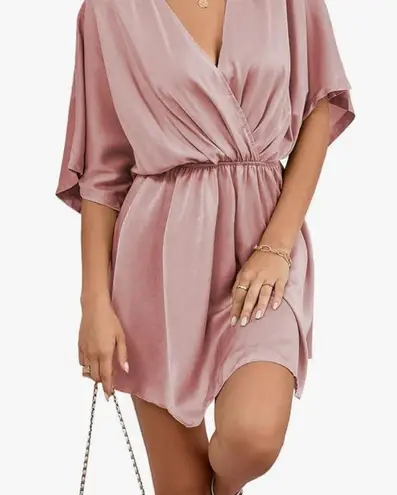LYANER Women's Satin V Neck Twist Ruffle Flowy
Short Sleeve Mini Dress NWOT M Pink Size M