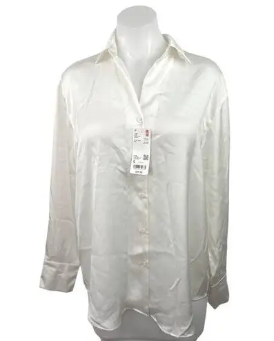 Uniqlo  Glossy Satin Silky Collared White Long Sleeve Button Front Blouse Top S