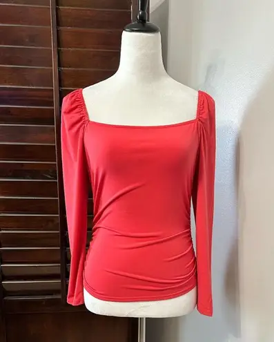 Abound  Womens Casual Top Red 3/4 Sleeve Stretch Ruched Square Neck M New