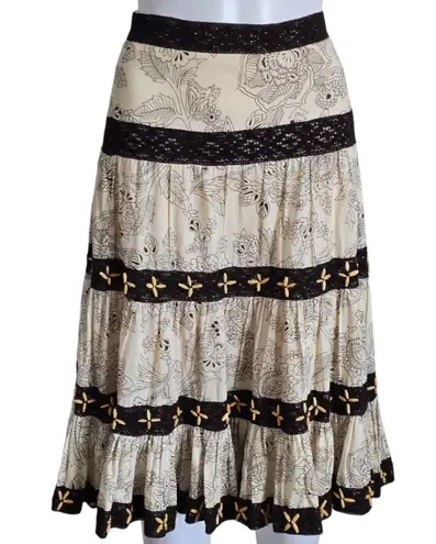 Mix Nouveau Y2K Boho Beaded Tiered Skirt Size 14 Cream Brown Floral Festival