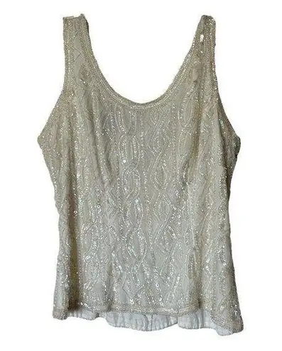 Vintage 80s 90s Sleeveless White Beaded Sequin Luxury Formal Tank Top Silk 10