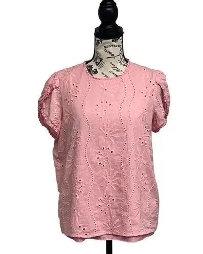 ELDINA Women's 2024 Summer Casual Short Sleeve Blouse Embroidery Petal Sleeve L Pink Size L