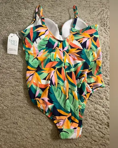 Time and Tru V Wire Detail One Piece Shirred Waist Tropical Swimsuit