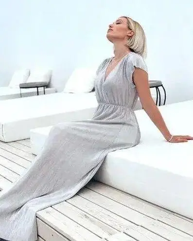 Baltic Born Athena Pleated Dress Metallic Silver Gray Womens Large Bridesmaid