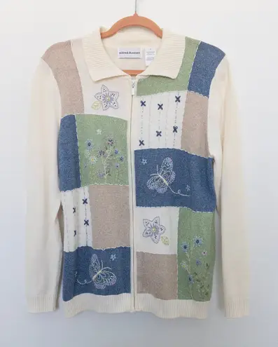 VTG Alfred Dunner Womens Sweater Size S Cream Butterfly Floral Cottage Patchwork