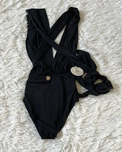 AGUA ONE PIECE SWIMSUIT BRAZILIAN HARMONY MAILLOT BLACK TIE AROUND WAIST MEDIUM