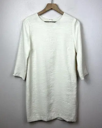 Vince  Snakeskin Jacquard Shift Dress Size 4 Ivory‎ 3/4 Sleeve Pockets Lined