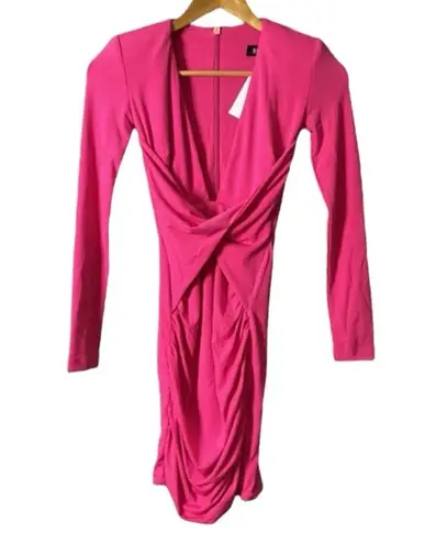 Nookie Envy Mini Dress Long Sleeve Neon Pink Barbie Doll Low Cut Bodycon Sz XS