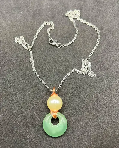 Handmade Green Jade Chain Necklace with Pearl Bead