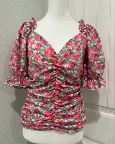 Peach Floral Ruched Women's Top Size L Pink Size L