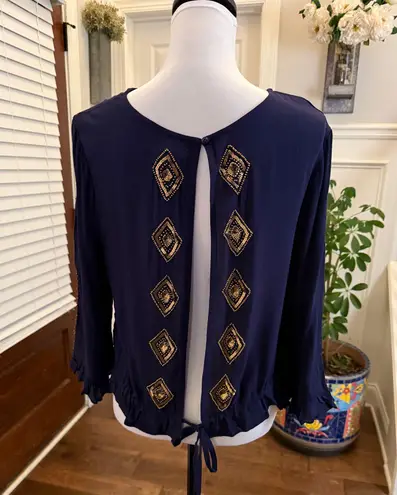 Rahi Cali NWT Dark Purple Beaded Tie Open Back Women's Top