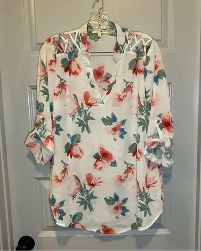 Wishful park  White Floral Print 3/4 Sleeve Blouse size L