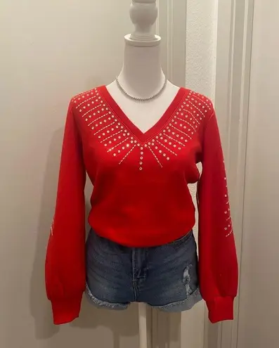 Inc international NWT Concepts Red Rhinestone Embellished V-Neck Sweater - XS