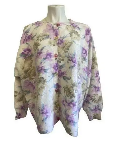 Lee Sands Women’s Orchid Monstera Print Angora Crew Neck Cardigan Size 1X NWT