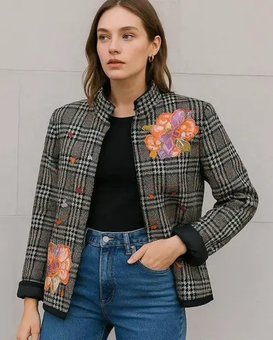 Vintage 90s Plaid Blazer w/ Floral Appliqué 💫 Alex KIN Black Size M