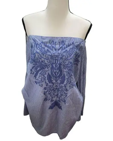 INC International Concepts Sweet Meadow Striped Embroidered Casual Top Sz 1X Blu