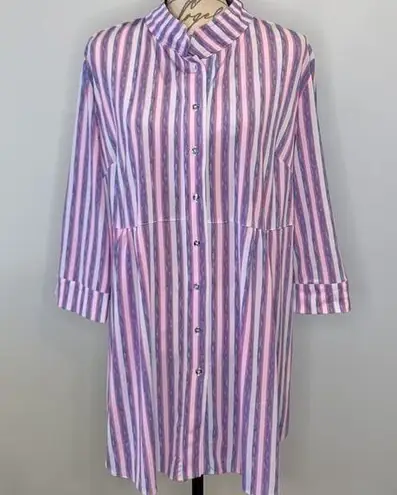 Peter Nygard Nygard stretch striped button front tunic top roll tab sleeves size large