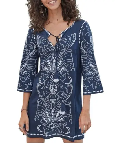 Sundance Palace Tunic Slate Blue Beaded Embroidered size M Medium Elbow Sleeve