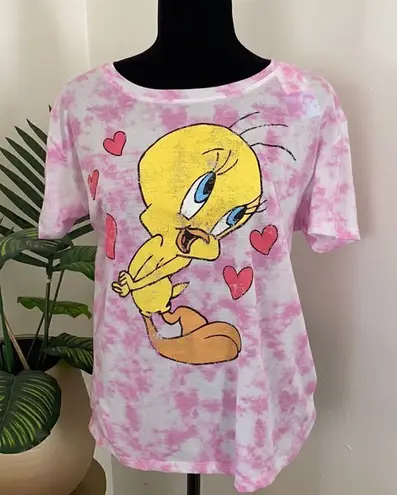 Looney Tunes Womens Pink Tie Dye Tweety Bird Distressed NWT Pink Size L