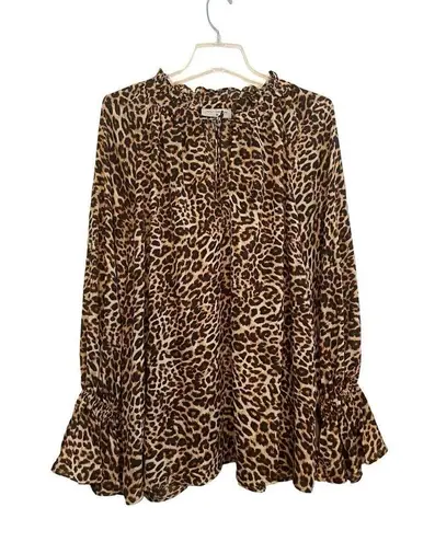 Nili Lotan x Target Long Sleeve Blouse Size 2X Animal Leopard Print Ruffle Vneck Black