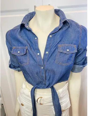 Truth NYC Tie Front Denim Cropped Top with Adjustable Sleeves