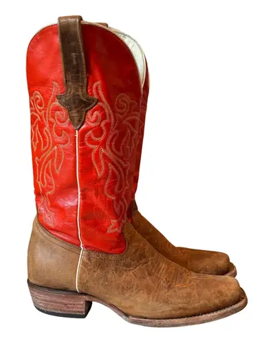 J.B. Dillon Cowboy Western Boots Womens 10 B USA Made Red Tan Leather Square Toe