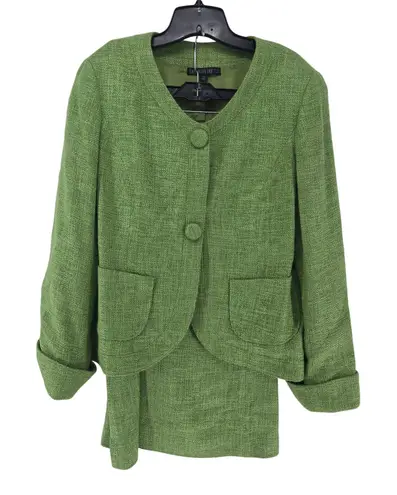 Lafayette 148 New York Green Tweed Blazer Skirt Suit Set Womens Size 14