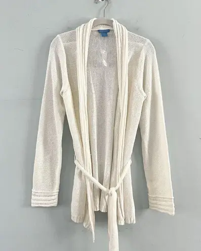 White + Warren Open Front Self Tie Belt White Cotton Cardigan Sweater Size L