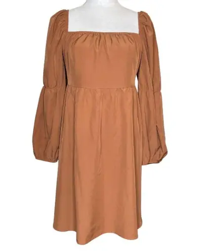 Exlaura Women's Brown Square Neck Puff Sleeve Midi Dress Smocked Back Zip Up XXL