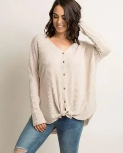 Wishlist  Waffle Knit Oversized Cream Tie Front Button Up Top