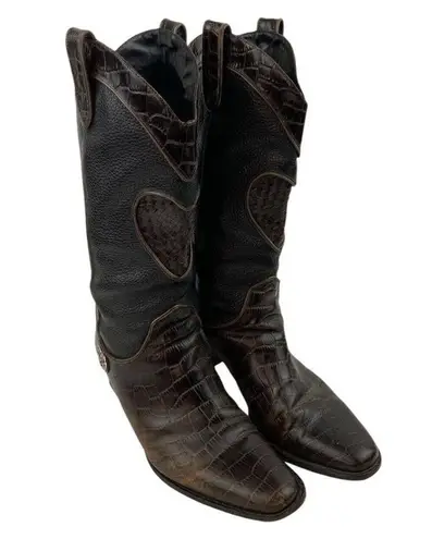 Brighton  Toby Western Cowboy Boots Women Size 8.5 Brown Leather Heart Charm Croc