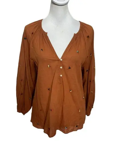The Great Derby Embroidered Blouse Women’s Size 0 Brown Cider Puff Sleeve Floral