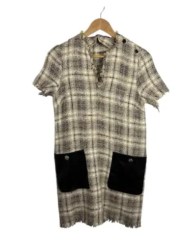 ZARA  Women’s Tweed Plaid Leather Pocket Shift Mini Dress Beige Size XS