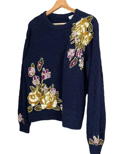 Vintage 80s 90s Navy Hand Knit Sweater w/ Floral Detail & Gold Stitching M/L