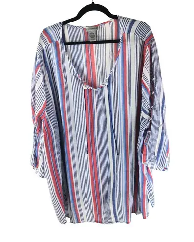 Catherines Tunic Top Lightweight Semi Sheer Cutout Sleeves Striped Blue Red 4X - Image 1